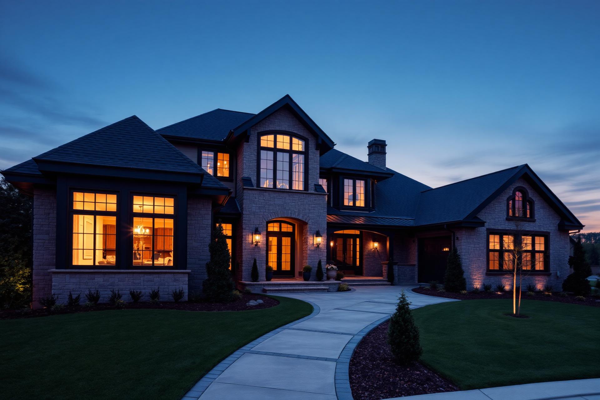 Custom home exterior at dusk